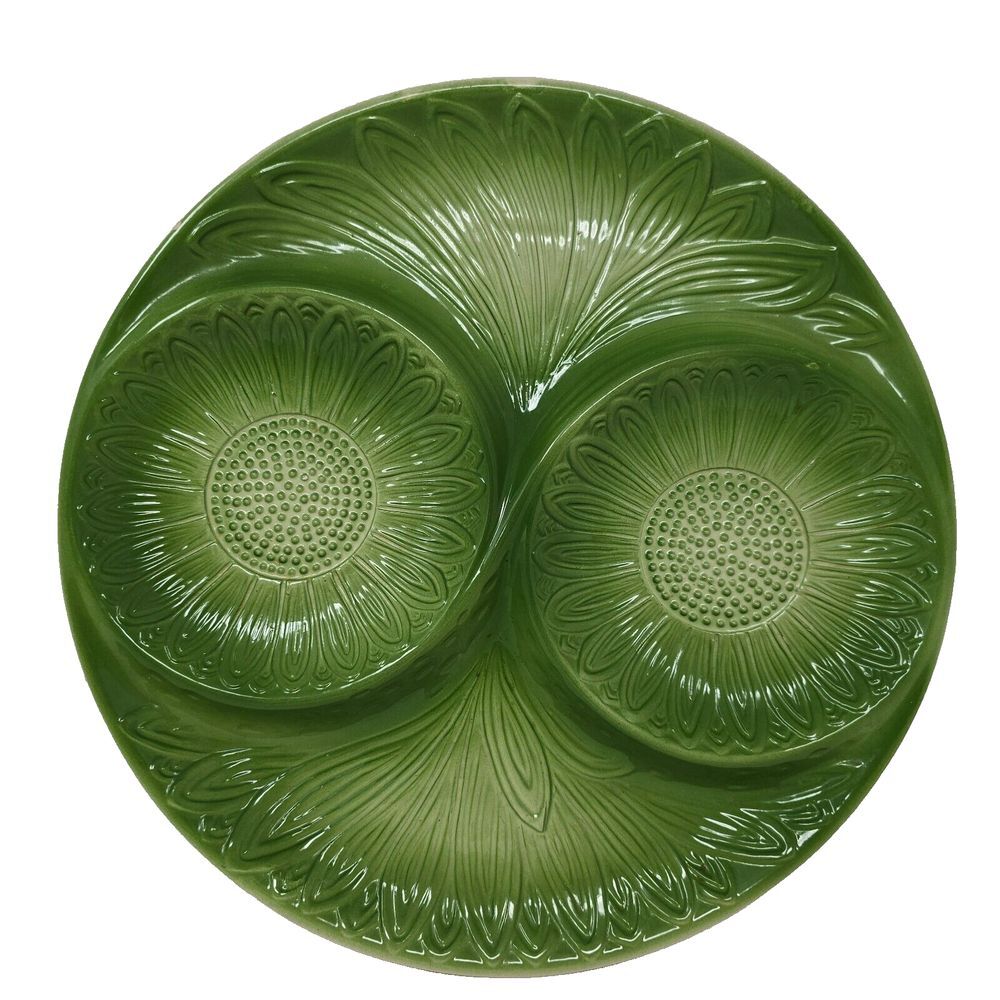 Vintage Large 13" Diameter Green Platter Compartments Floral Made In Japan